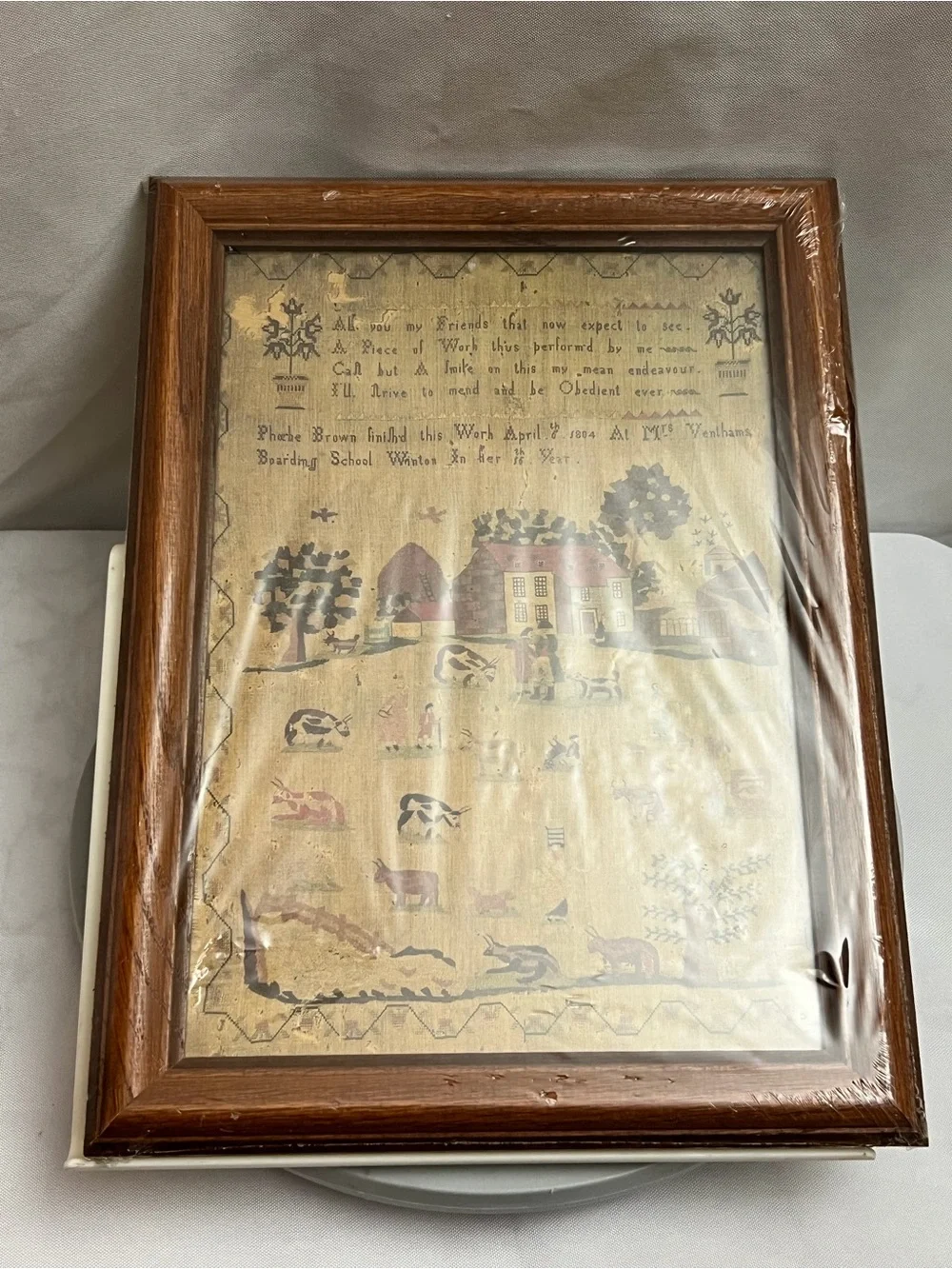 Framed Phoebe Brown 1804 Schoolgirl Sampler Reproduction Folk Art 14”